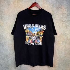 Y2K Work Sucks Lets Ride Biker T Shirt Sz XL Black Cabot Trail Canada